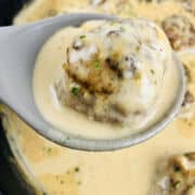 spoon with creamy sauce and a parsley garnished meatball.