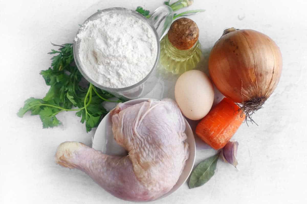 chicken, onion, carrot, egg, oil, flour, and chicken quarter.