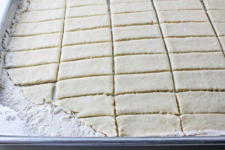 pastry cut into rectangular strips.