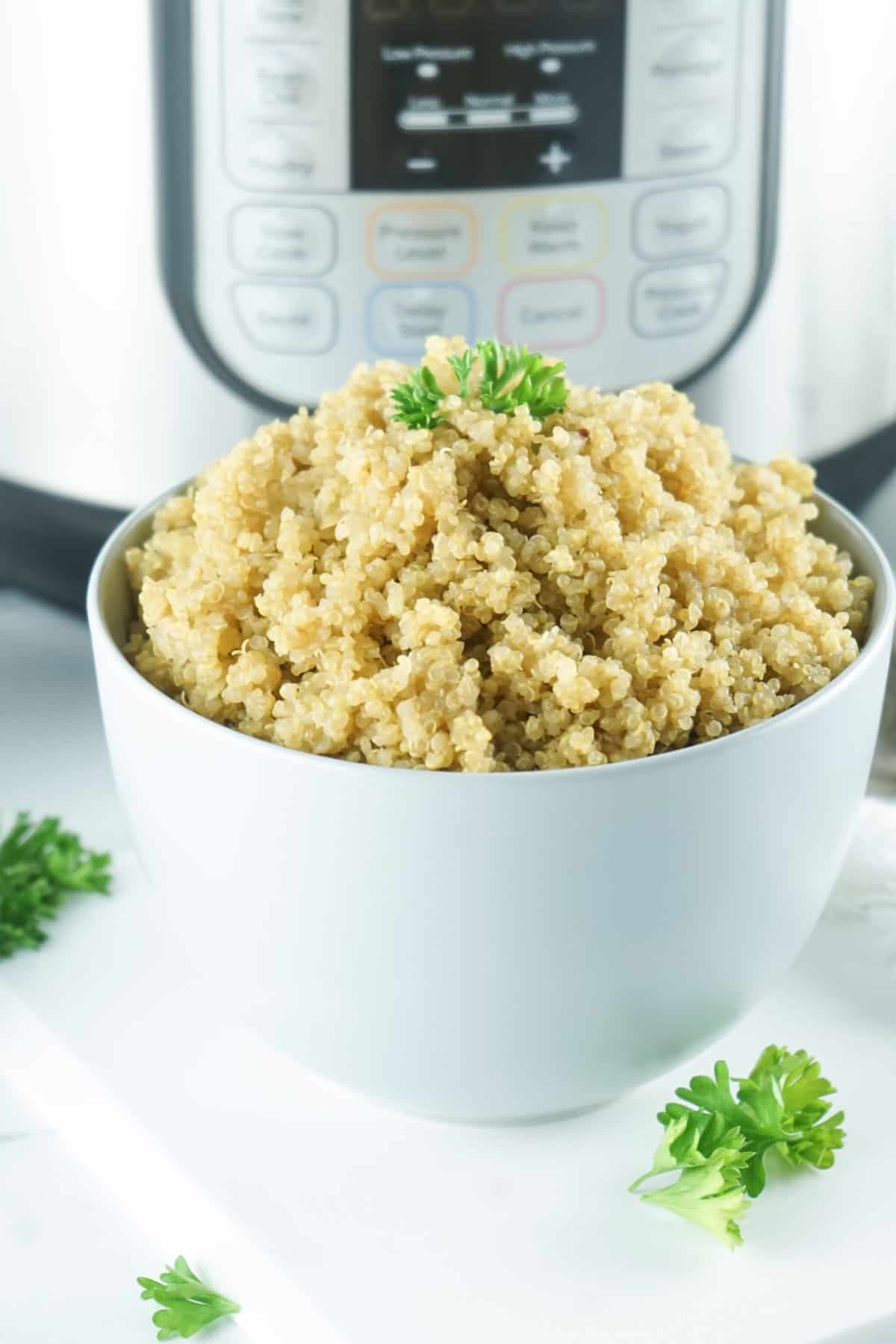 bowl of fluffy quinoa in front of an Instant Pot.