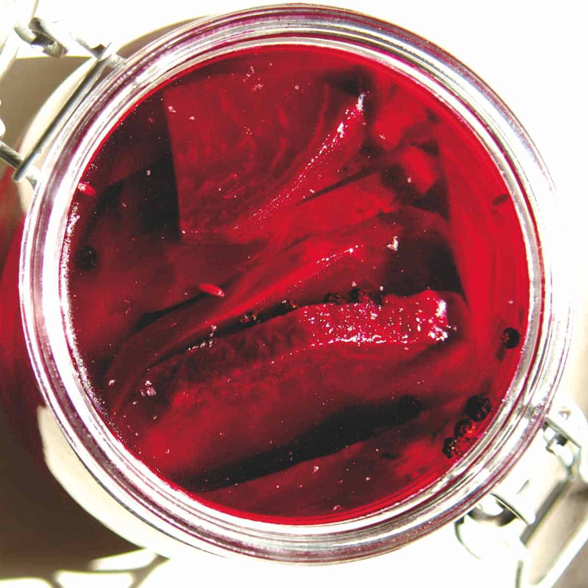 old fashioned pickled beets in a mason jar.