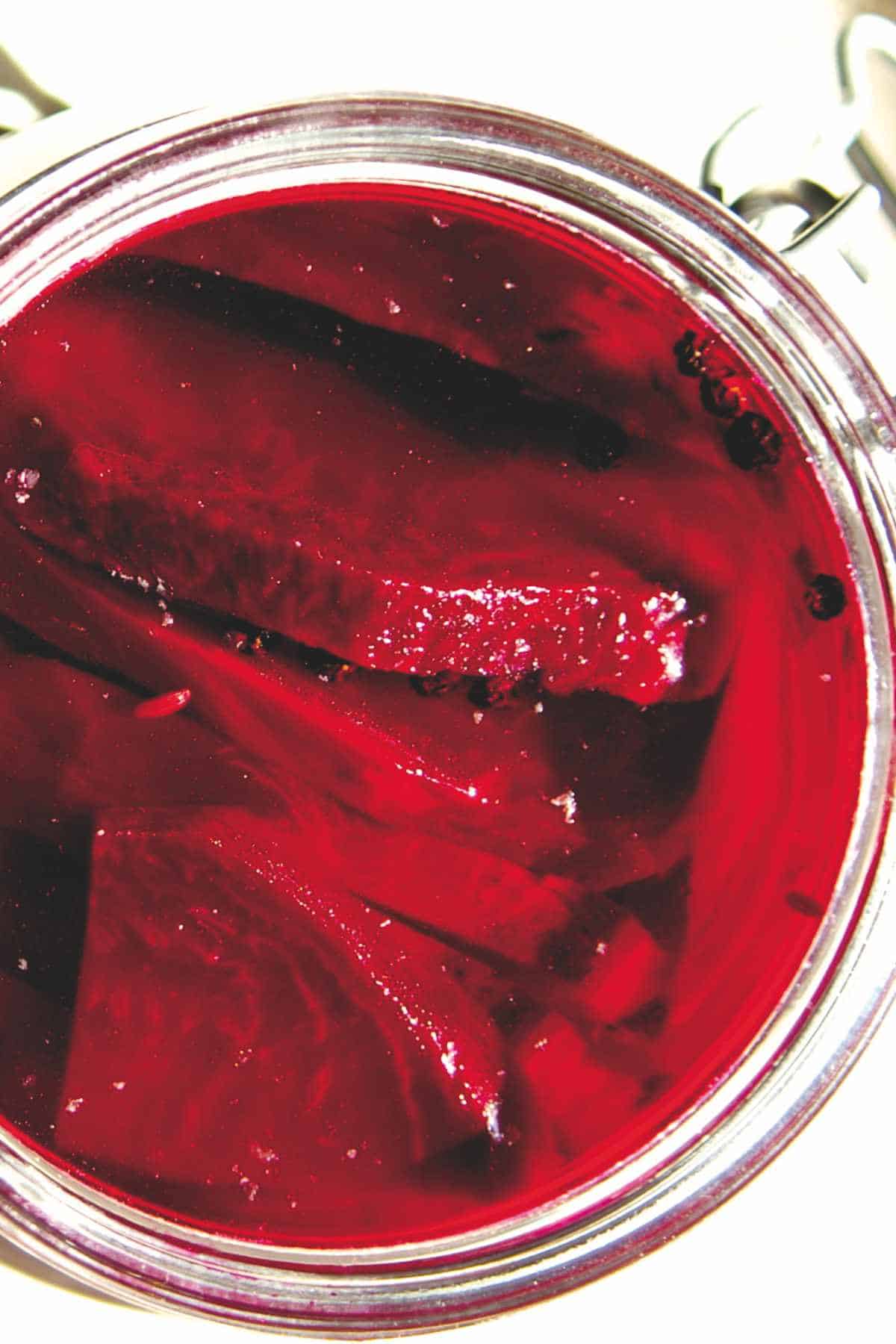 old fashioned pickled beets in a mason jar.