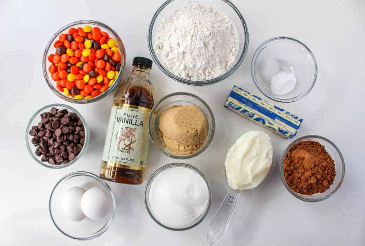 ingredients for chocolate cookies with reese's pieces.