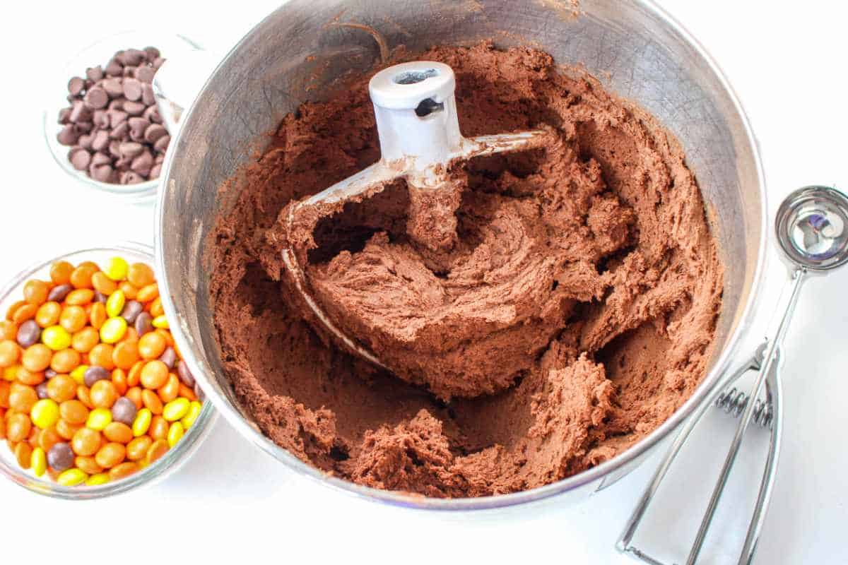 chocolate cookie batter in a mixing bowl.