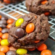 baked chocolate cookies with Reese's Pieces.