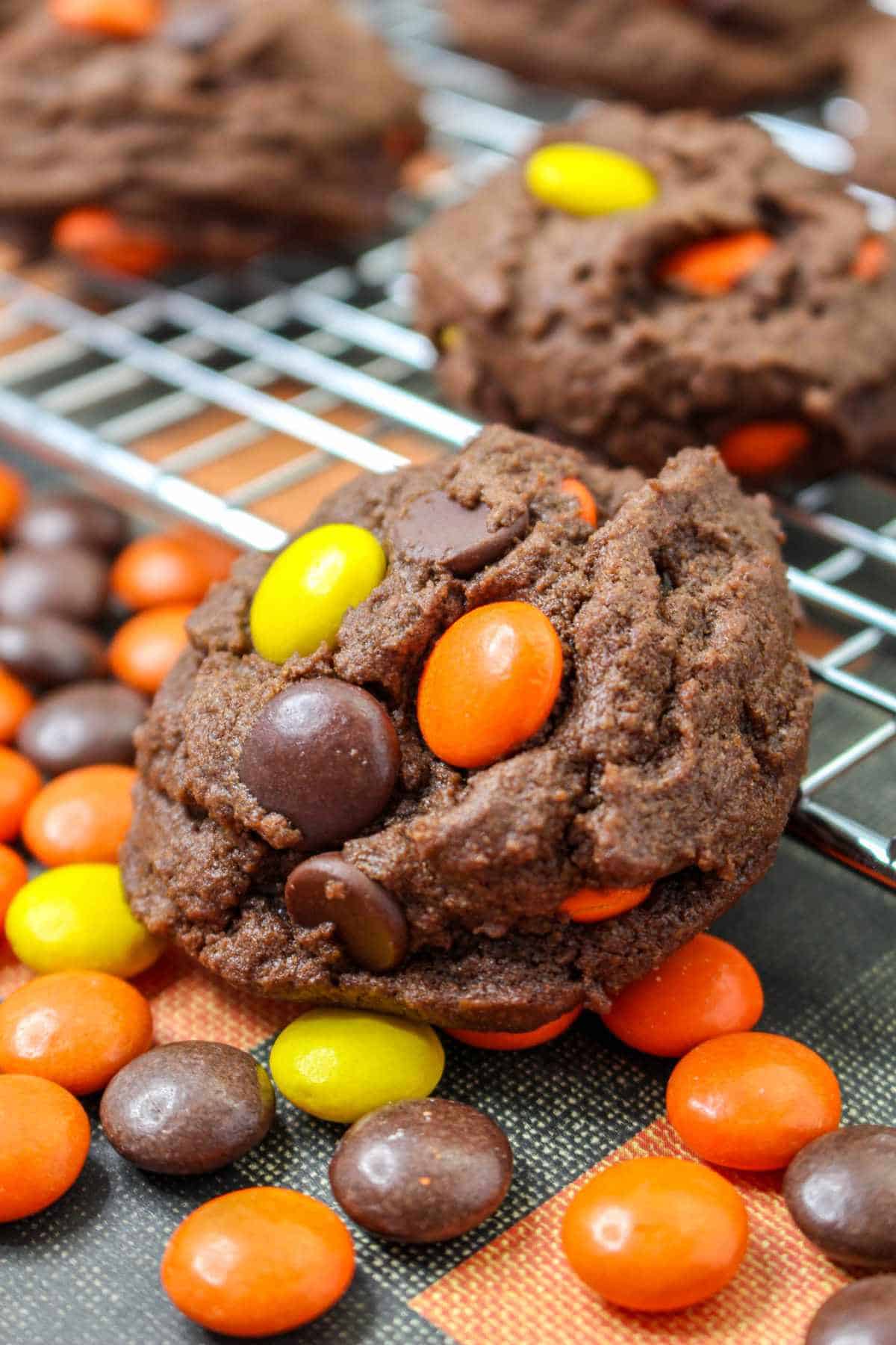 baked chocolate cookies with Reese's Pieces.
