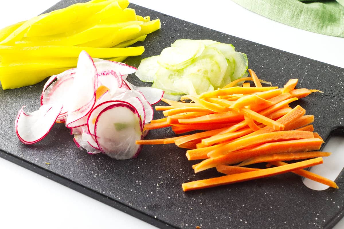 slivers of carrot, radish, cucumber to make korean sushi roll.