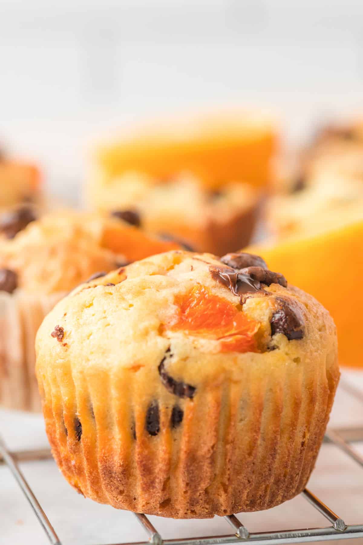 close up of an orange chocolate chip muffin with others in the background.