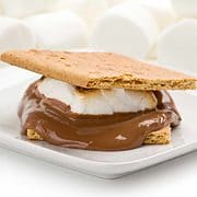 two s'mores on a light blue plate.
