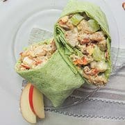 Plate with chicken salad wrap and apple slices.