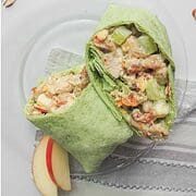 Plate with chicken salad wrap and apple slices.