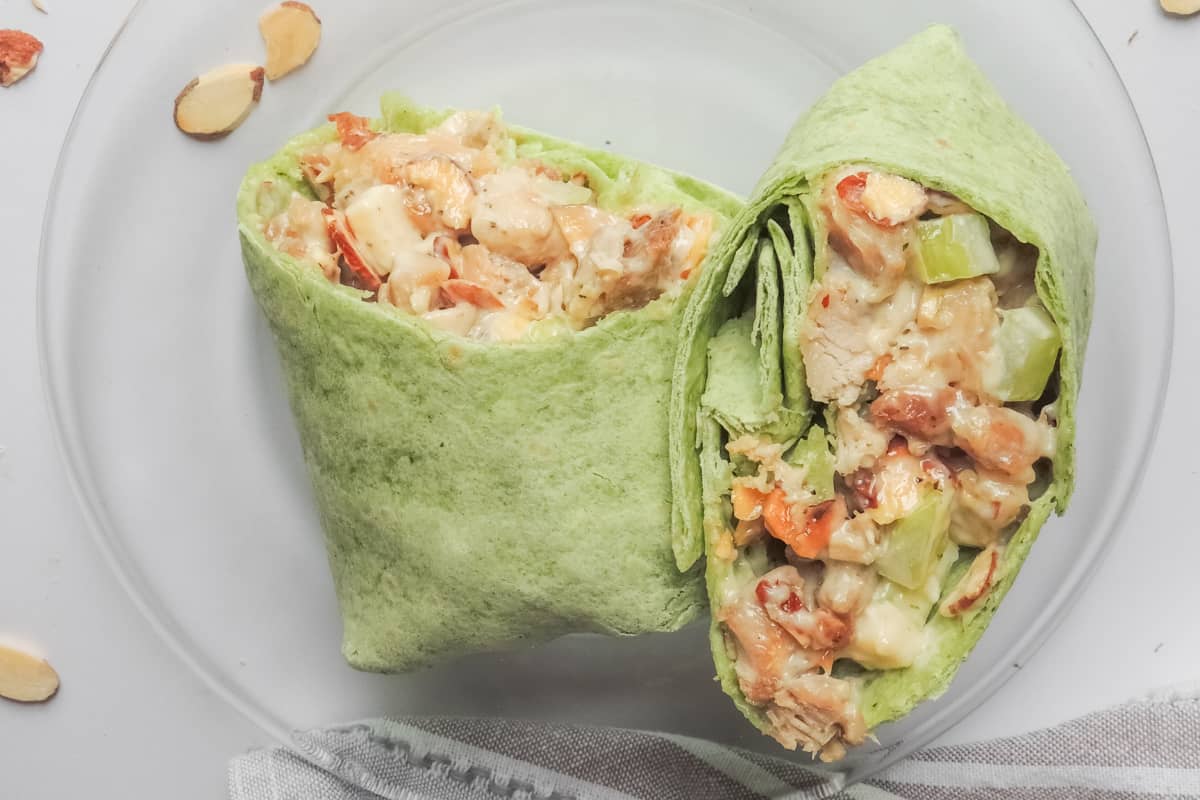 spinach wrap with almond chicken salad inside.