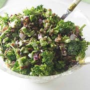 broccoli salad in a crystal bowl.