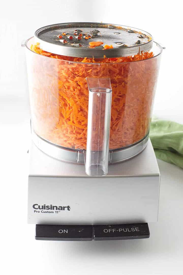 grated carrots in a food processor.