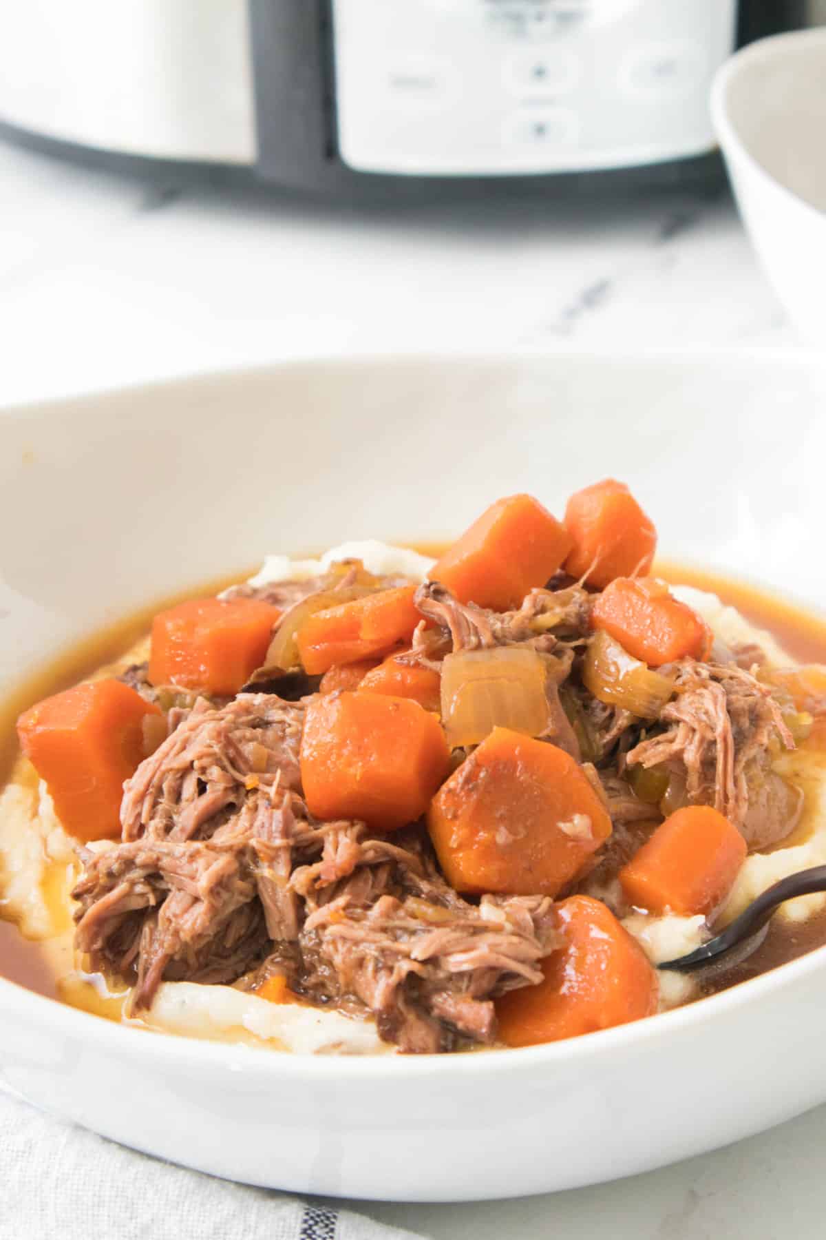 close up of bowl of pot roast and carrots on mashed potatoes. Perfect for Crocktober.
