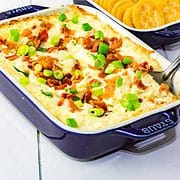 casserole dish of a baked cheesy dip.