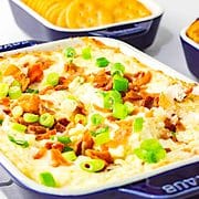 casserole dish of a baked cheesy dip.