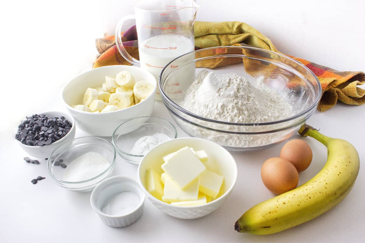 Ingredients for making banana sheet pan pancakes.