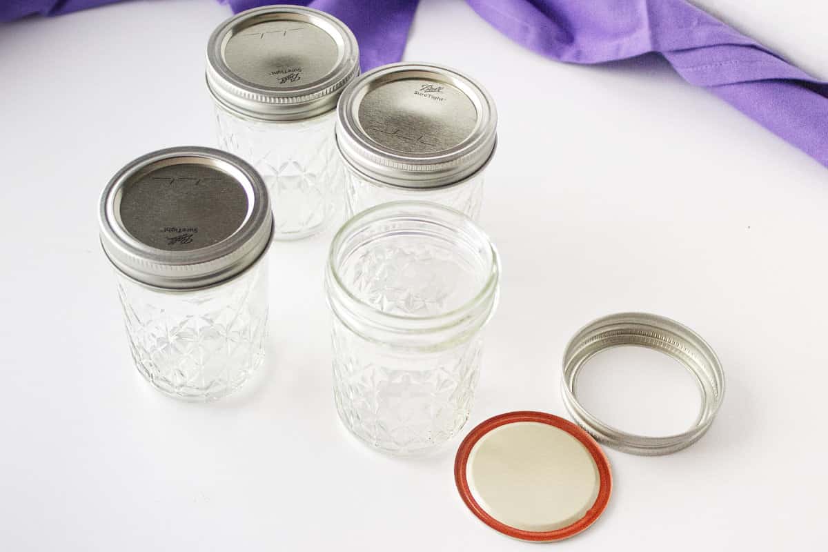 sanitized ball canning jars, seals, and lids for jams and jelly.
