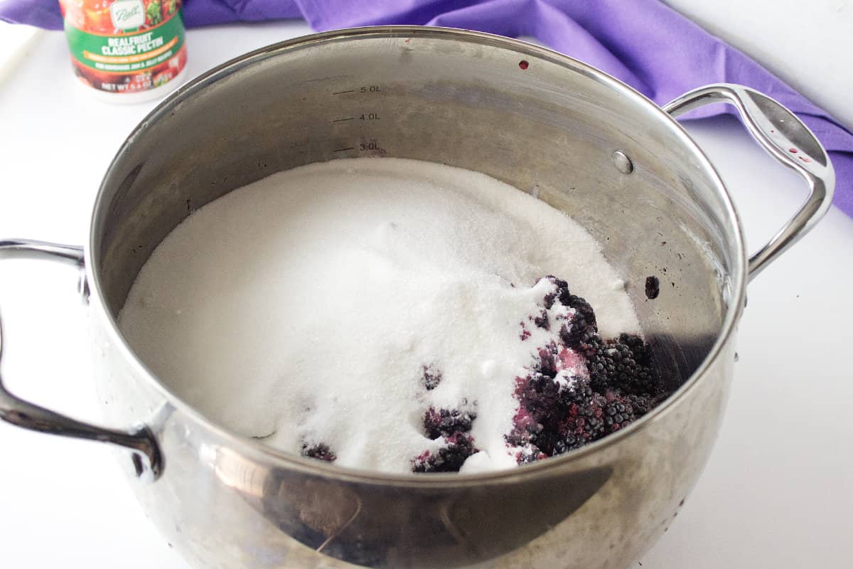 sugar added to fresh blackberries for jam.