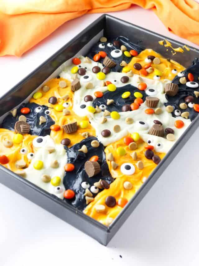 Halloween Hocus Pocus Brownies in a pan.