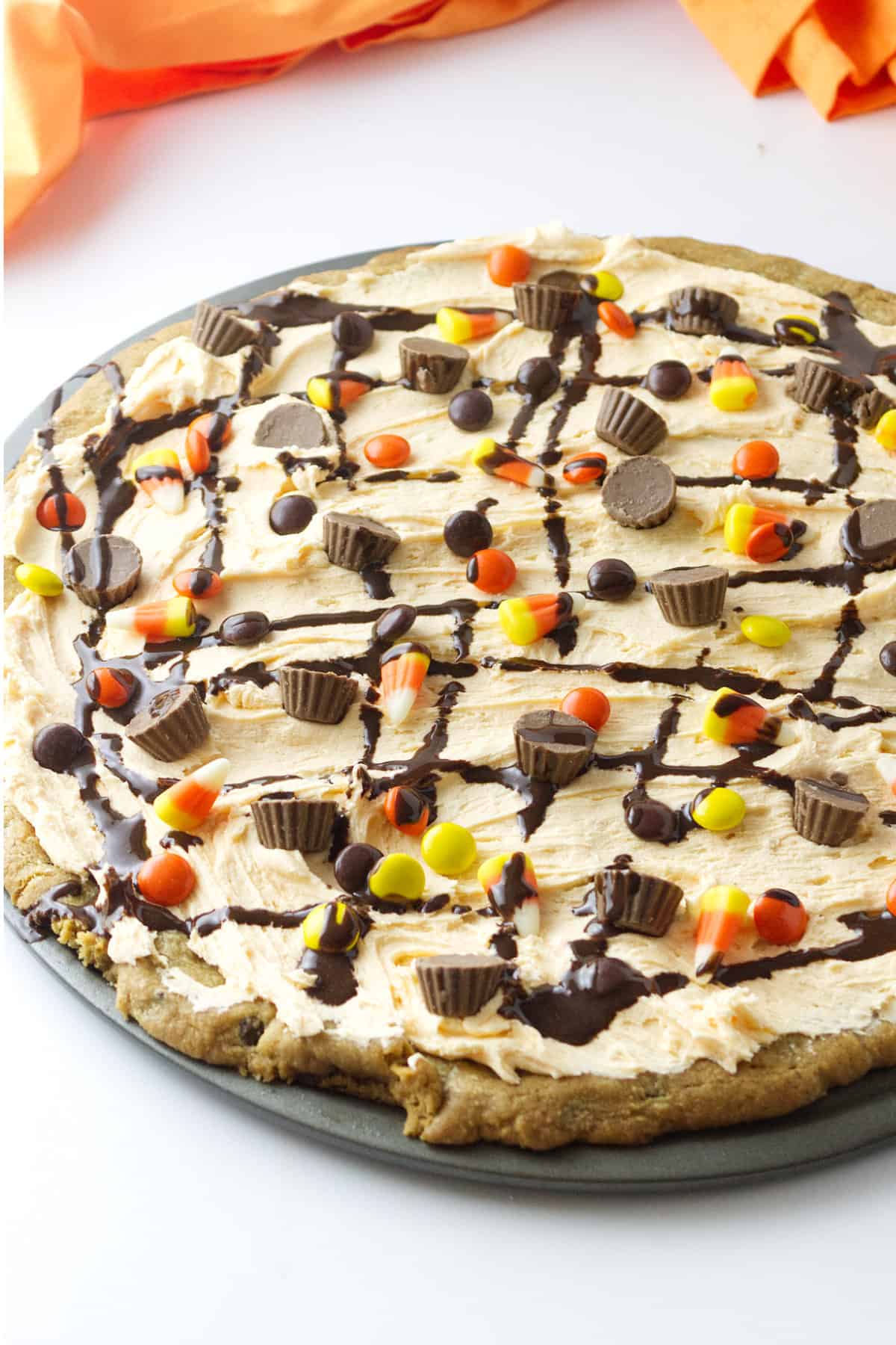 cookie cake with Reeses Pieces.