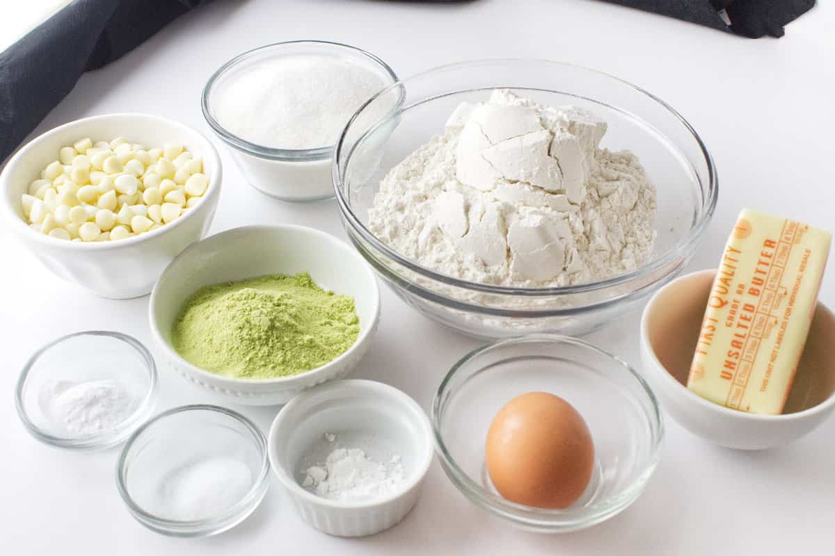 ingredients for making white chocolate matcha cookies.