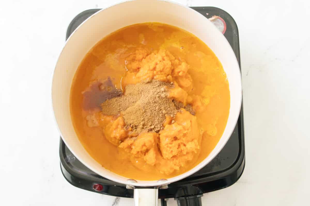 puree and spices in a pot.