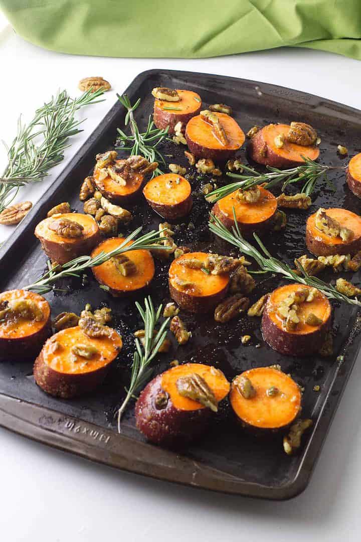 sweet potatoes slices with pecans.