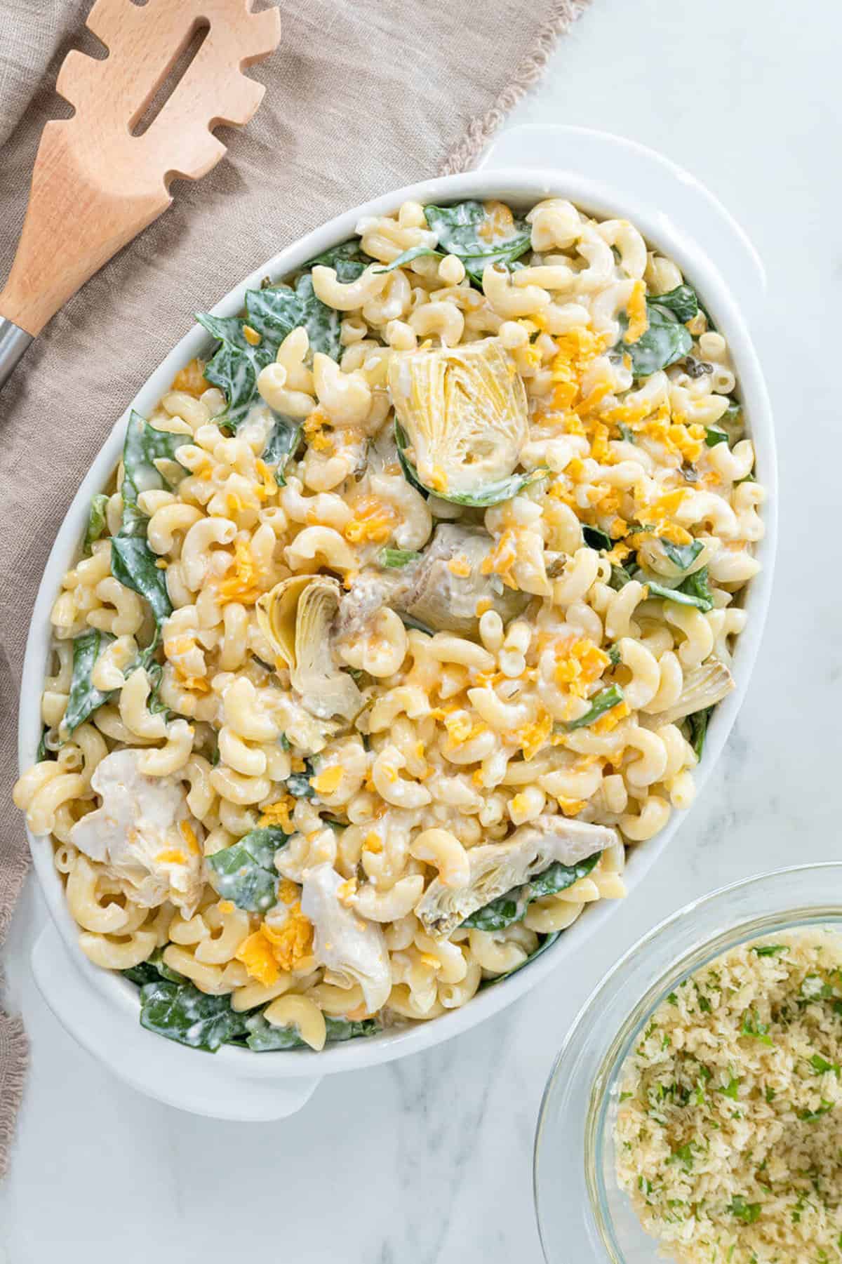 spinach and cheese mixed with pasta.