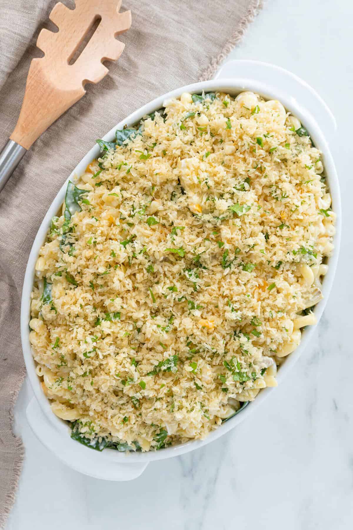 crumbs on top of Spinach Artichoke Baked Pasta.