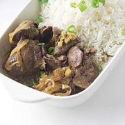 chicken livers and rice in a serving bowl.
