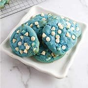 blue velvet cookies on a serving plate.