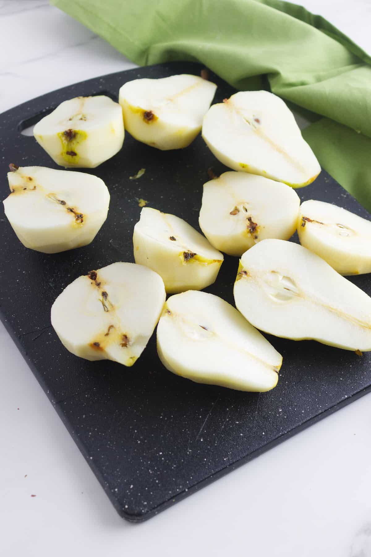 peeled and halved pears.