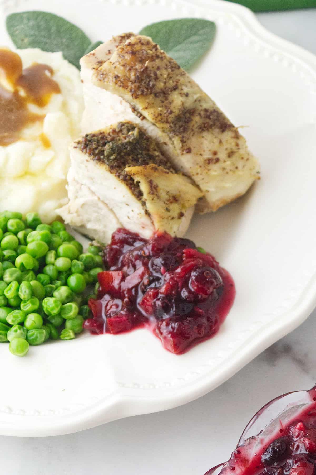 plate of turkey, peas, mashed potatoes and gravy, and cranberry sauce.