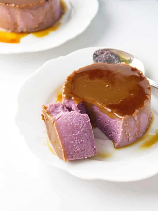 ube leche flan turned out in a saucer.