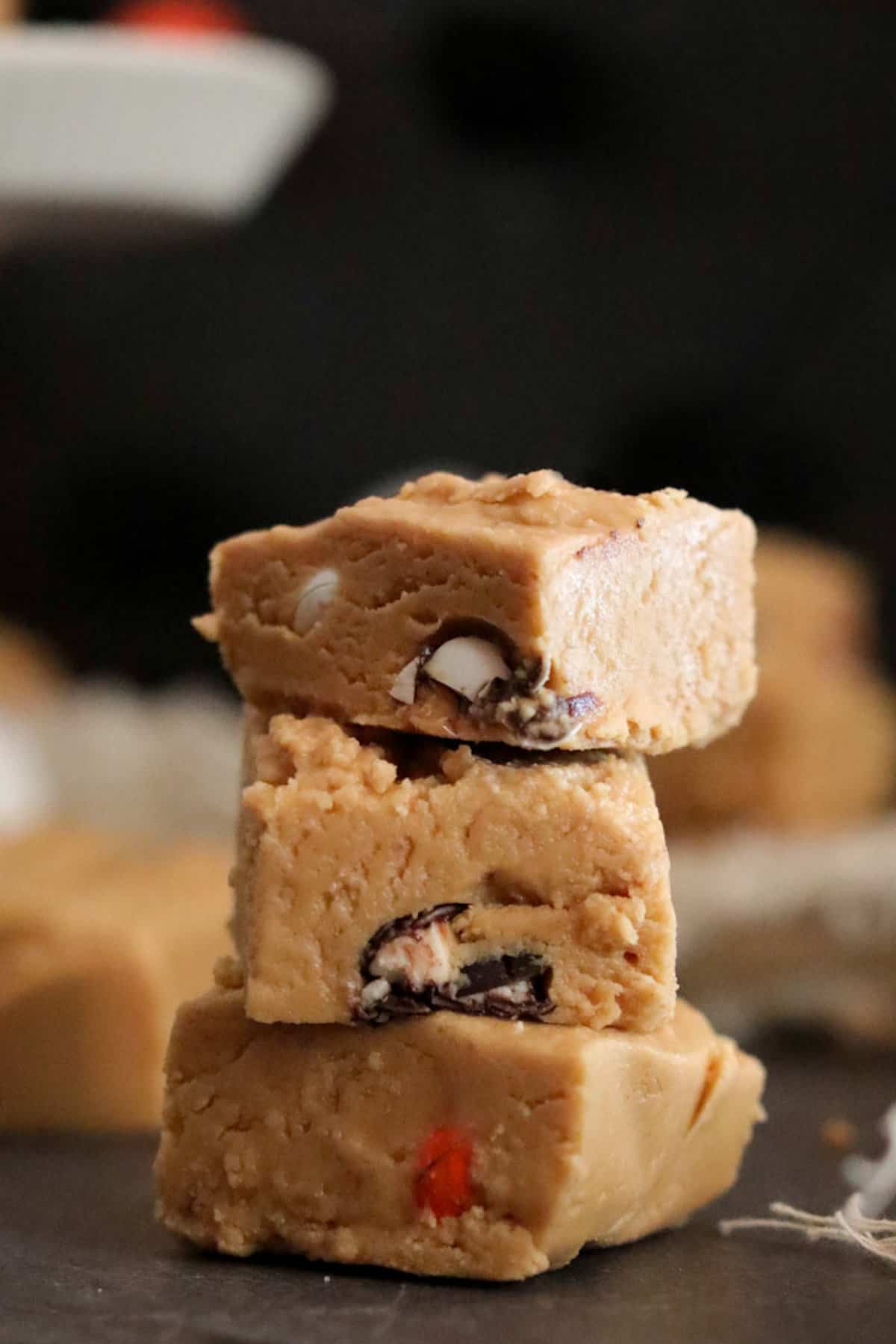 pieces of reeses fudge stacked.