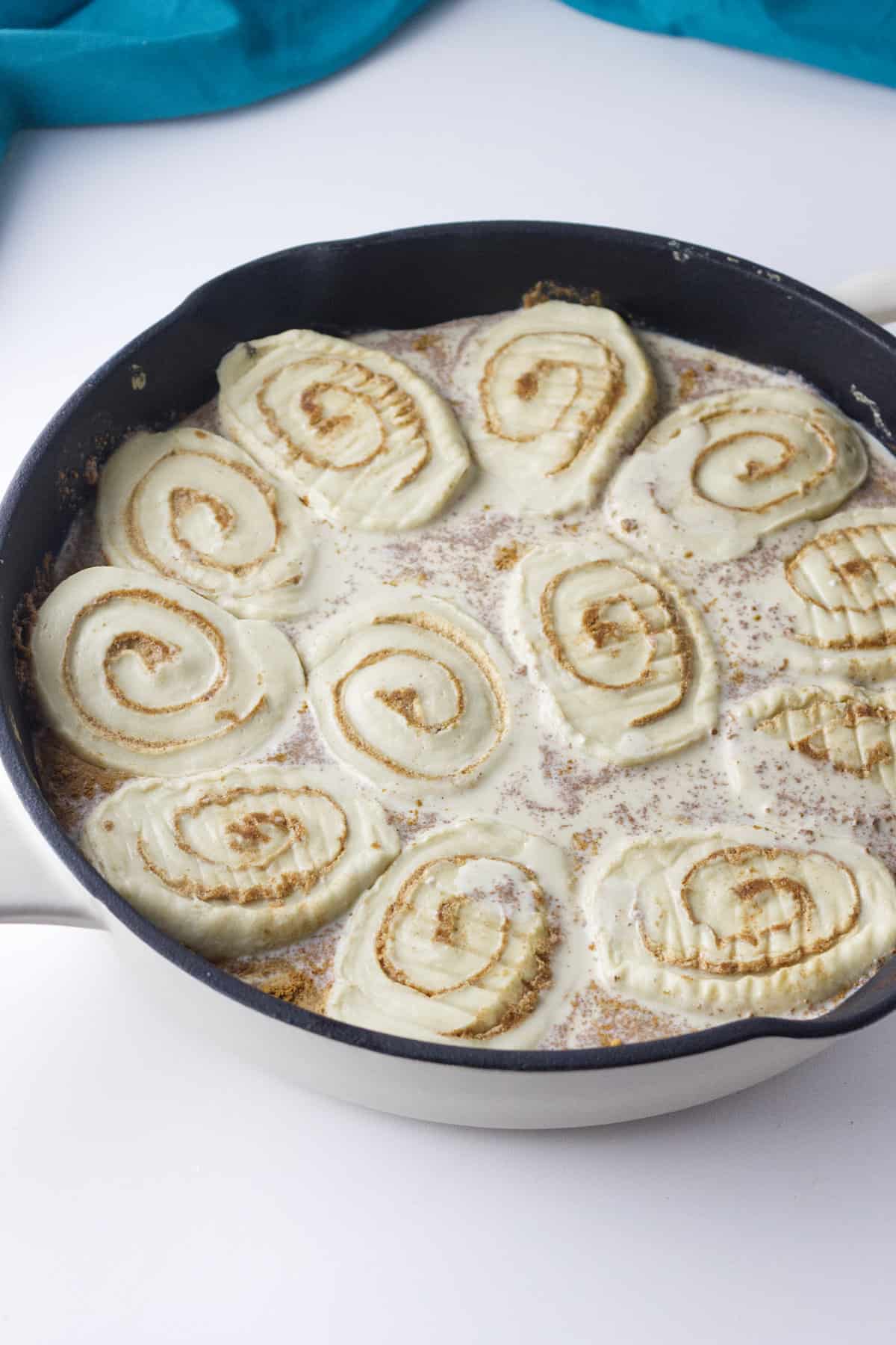 pan of overnight defrosted Rhoads rolls in heavy cream.