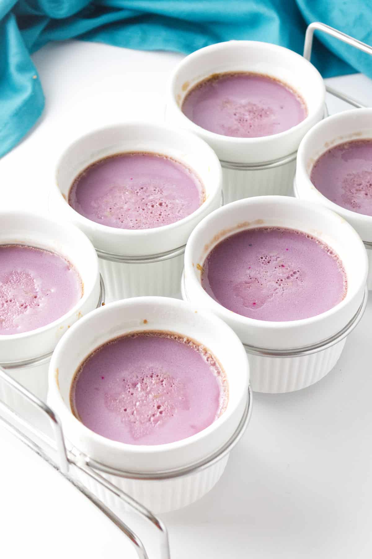 ube leche flan out from the oven.