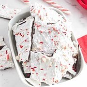 white chocolate peppermint bark broken in pieces.