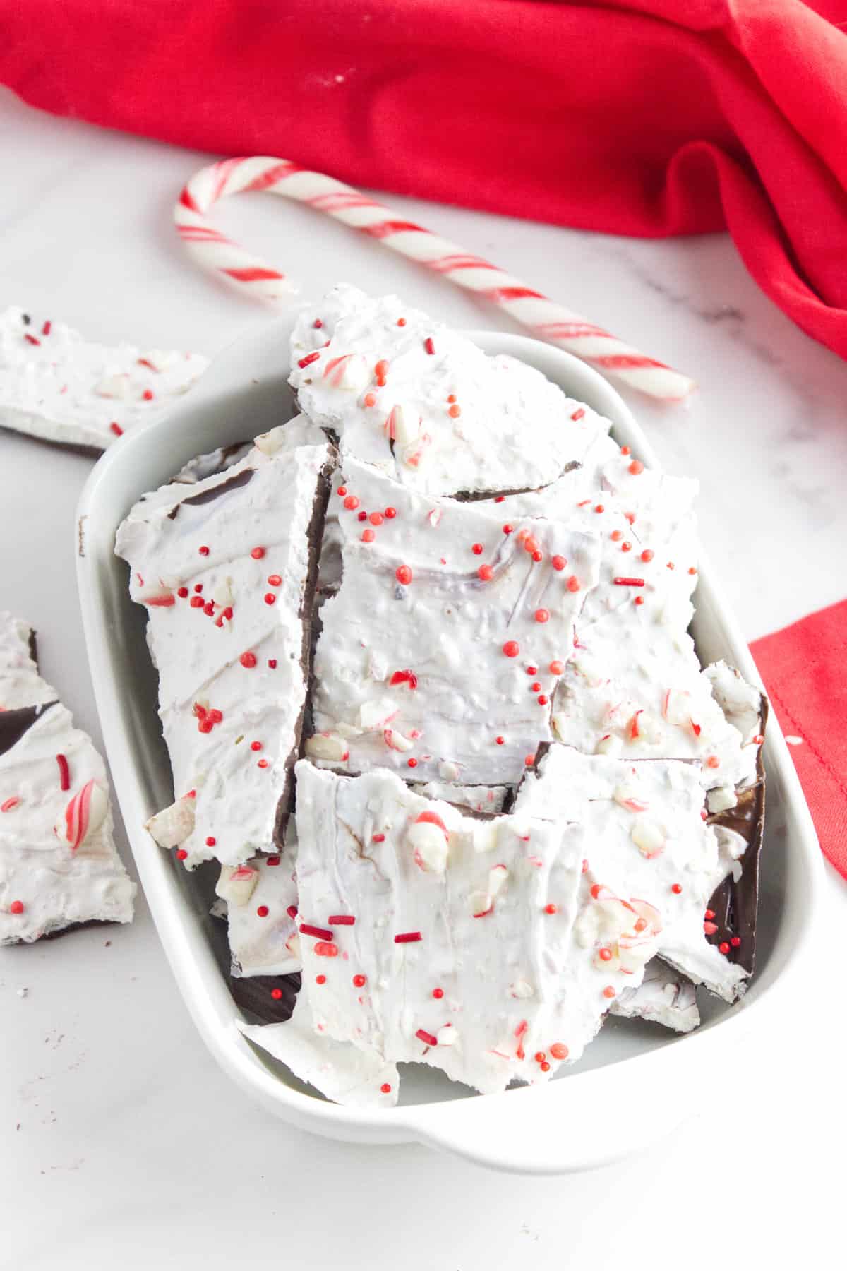 white chocolate peppermint bark broken in pieces.