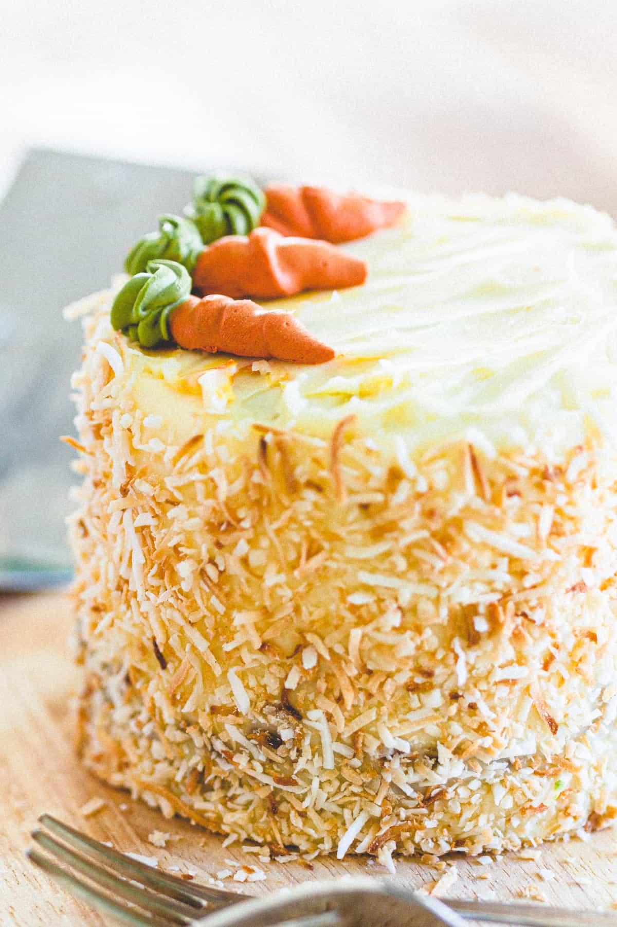 carrot cake with cream cheese frosting and toasted coconut on the sides.