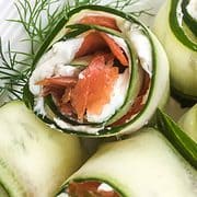 cucumber ribbons rolled up with salmon and cream cheese.