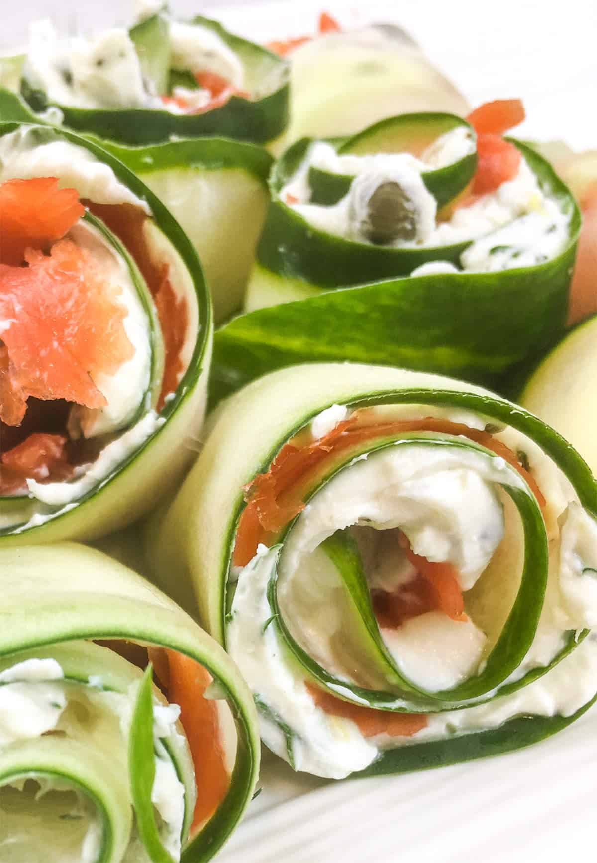 cucumber ribbons rolled up with salmon and cream cheese.