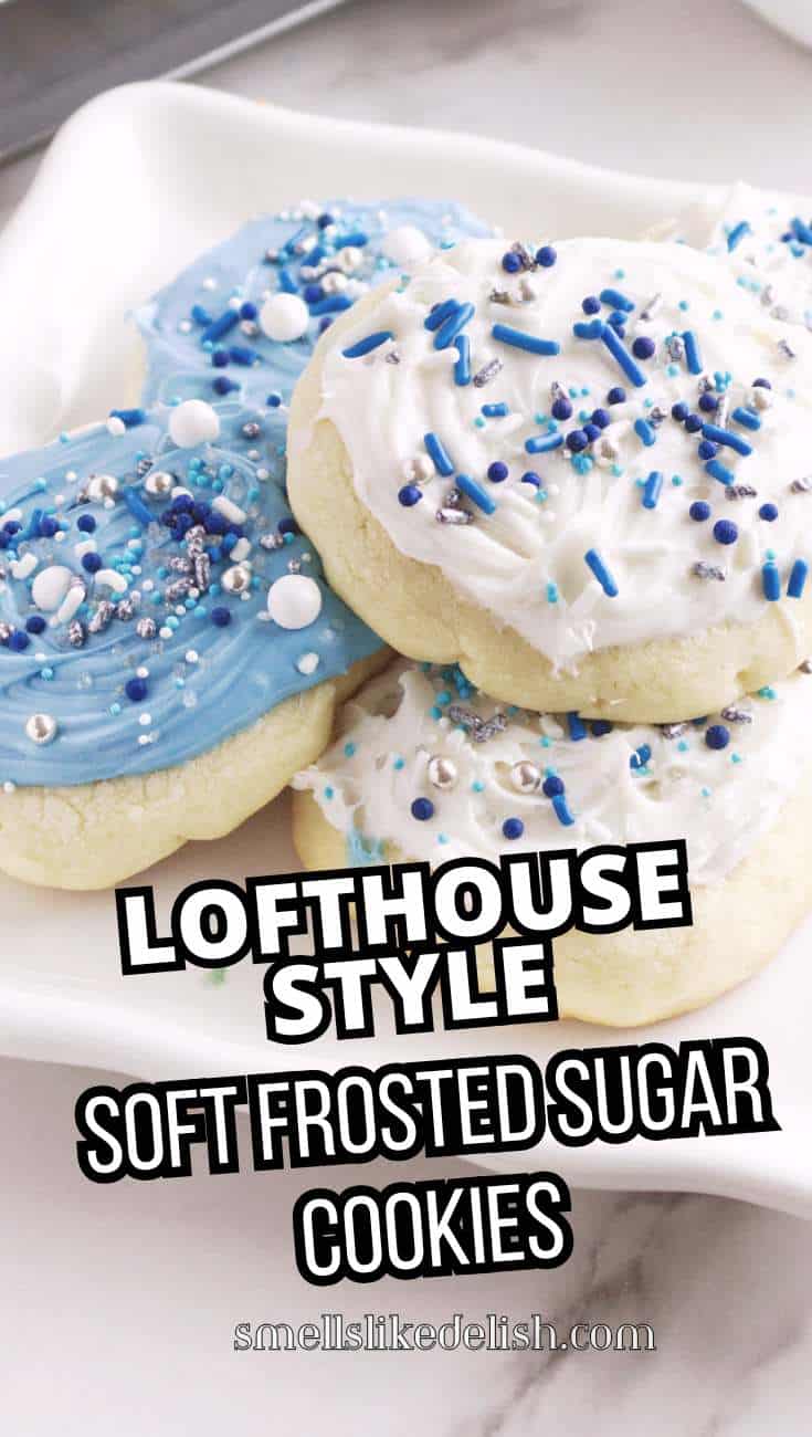 Stack of soft frosted sugar cookies with thick frosting and sprinkles on a white plate.