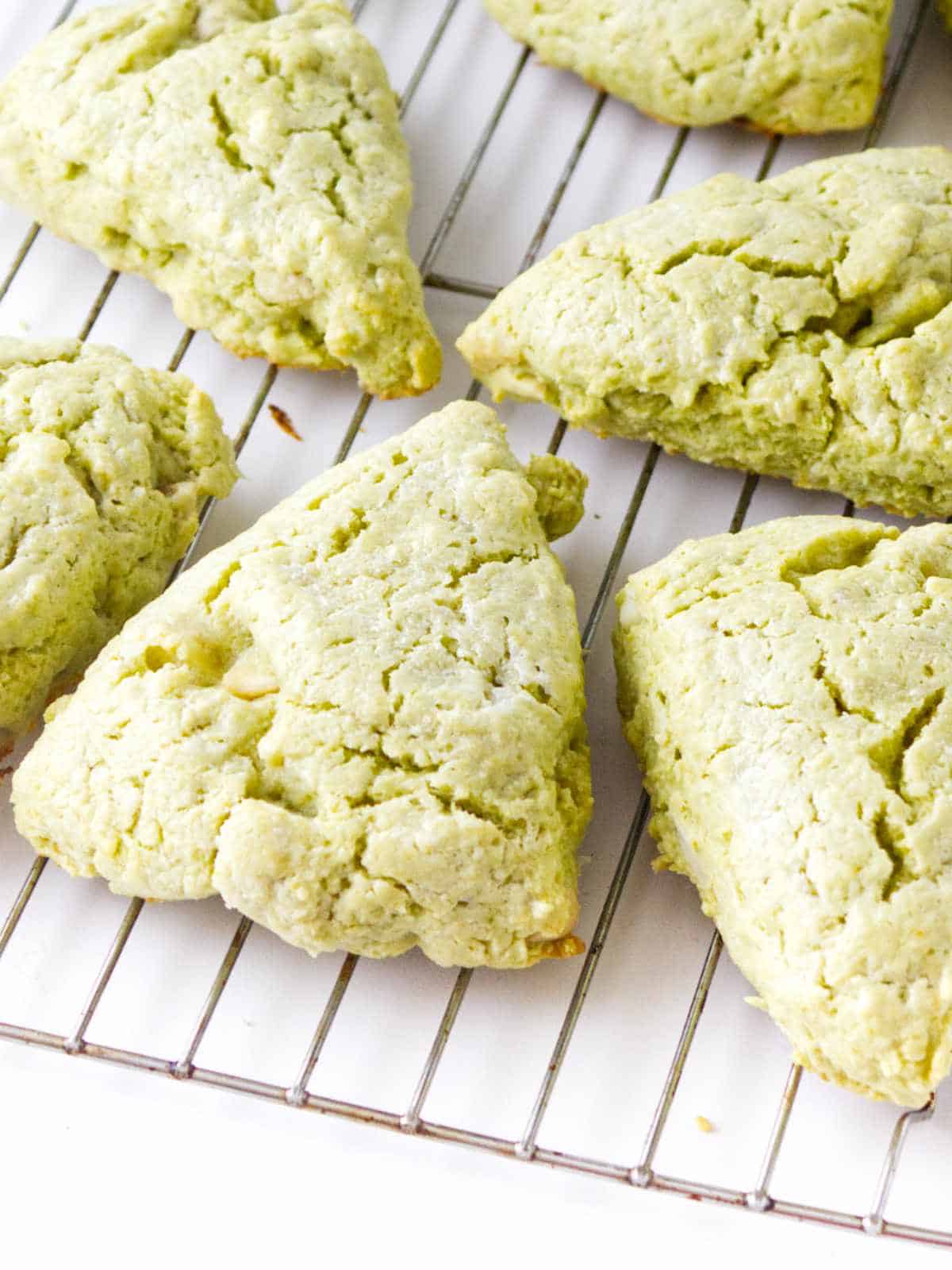 Green Tea Matcha Scones cooling on a wire rack.