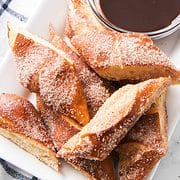 air fried cinnamon pretzel bites with chocolate dipping sauce.