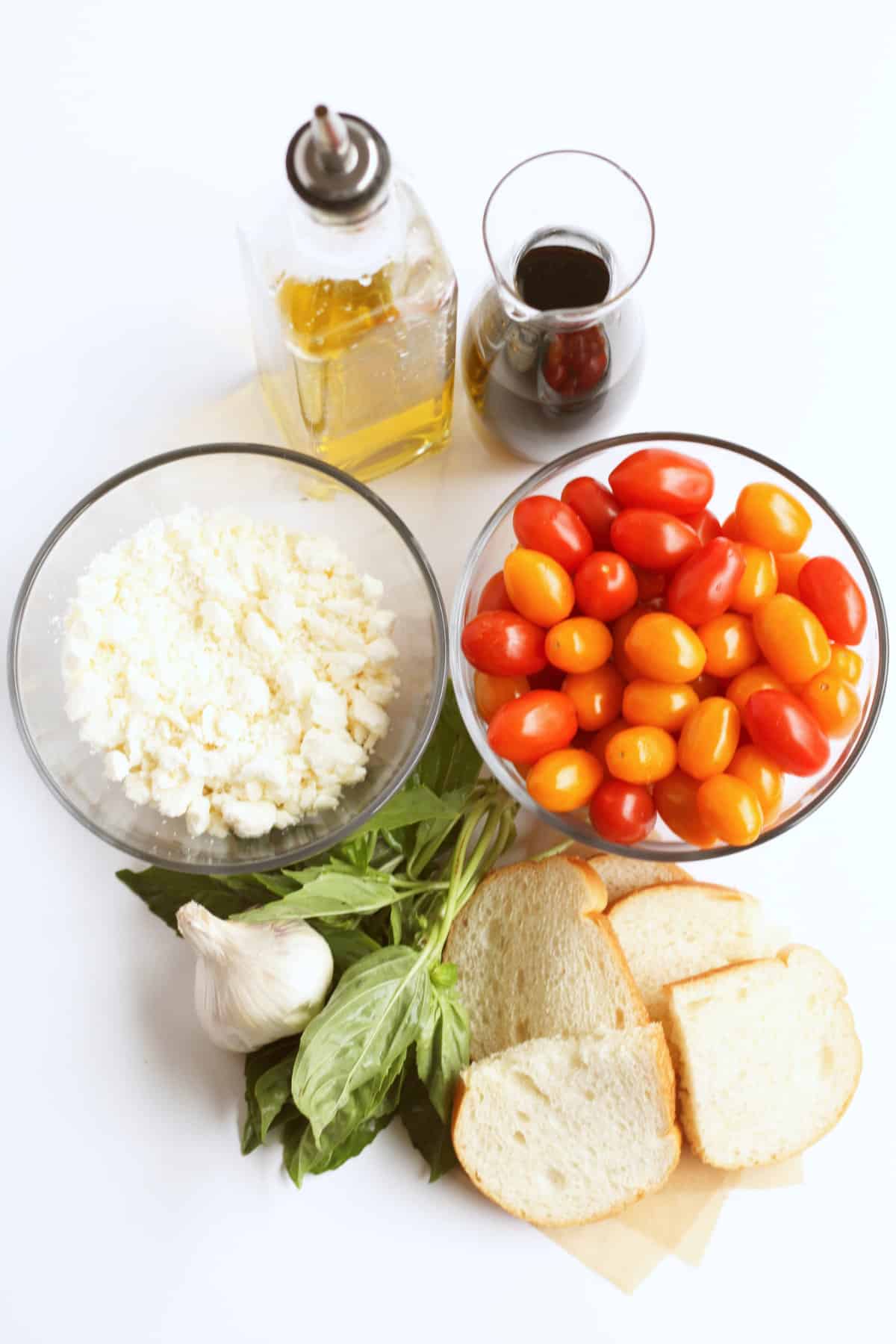 ingredients for cherry tomato bruschetta.