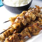 Platter of teriyaki chicken on a stick and a bowl of white steamed rice.