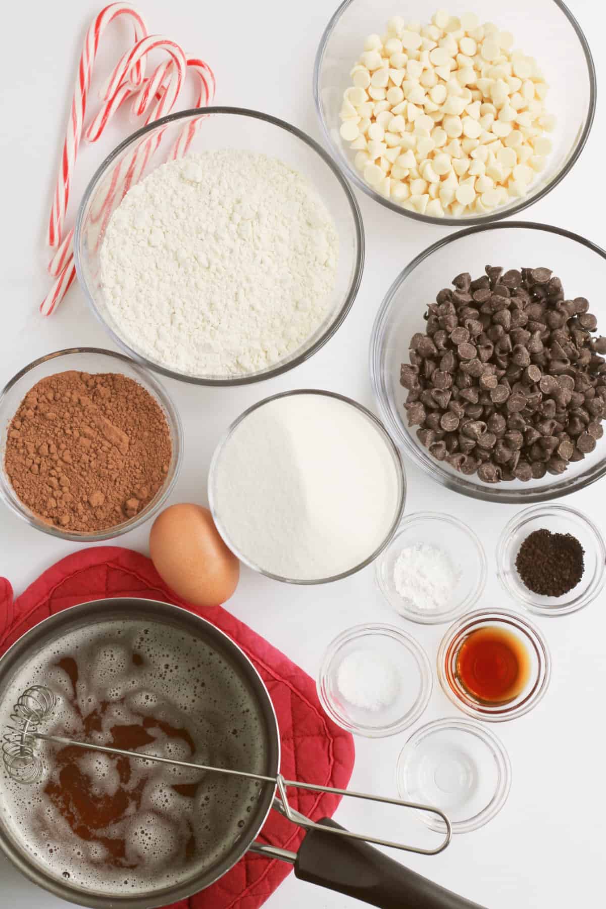 ingredients for chocolate candy cane cookies.